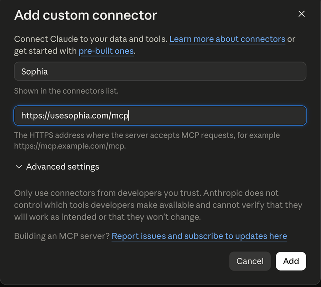 Janela Add custom connector preenchida com o nome Sophia e o endereço https://usesophia.com/mcp