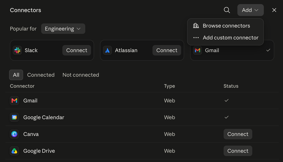 Tela Connectors do Claude com o menu do botão Add aberto, mostrando as opções Browse connectors e Add custom connector