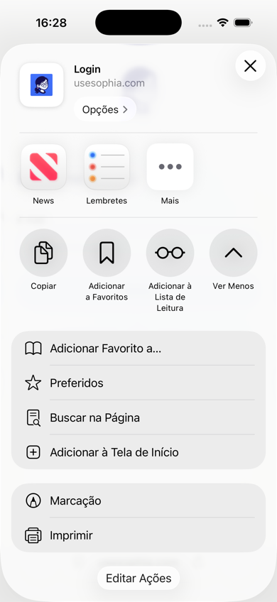 Lista completa de ações do Safari com a opção Adicionar à Tela de Início