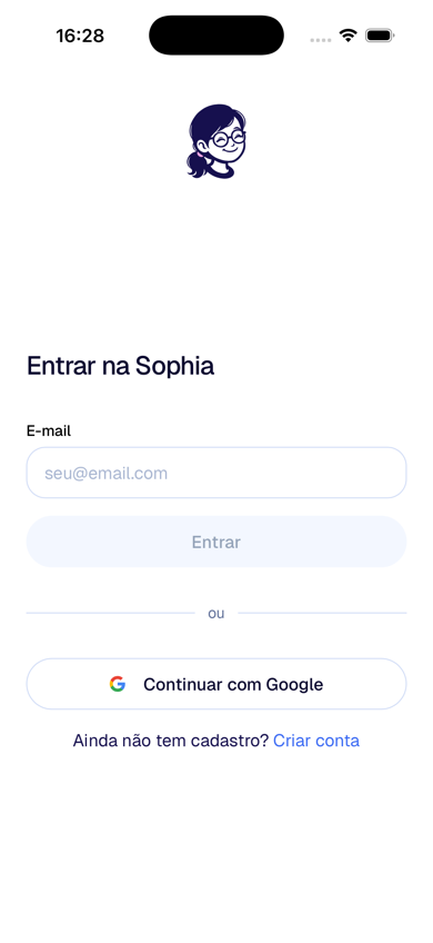 Sophia aberta pelo ícone da Tela de Início, em tela cheia, sem a barra do Safari
