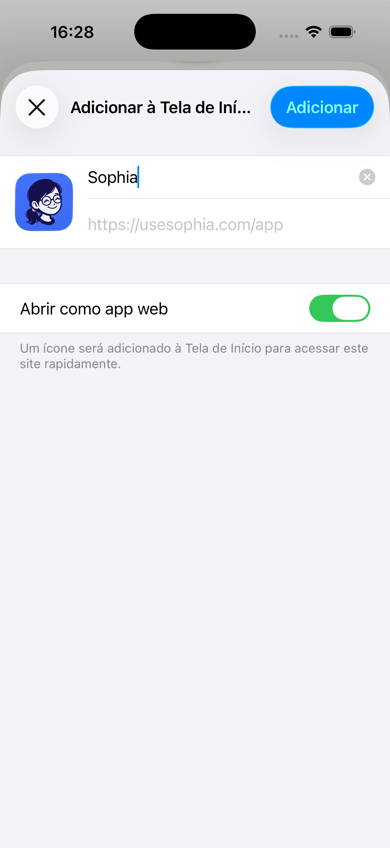 Tela Adicionar à Tela de Início com o nome Sophia, o ícone, o endereço usesophia.com/app e a opção Abrir como app web ativada