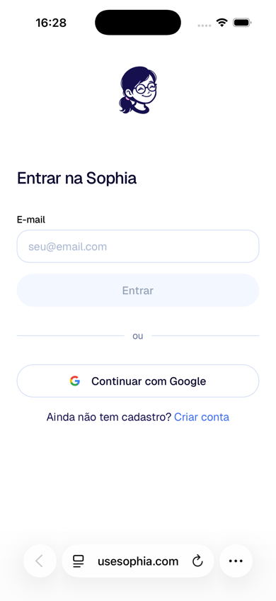Safari no iPhone com a Sophia aberta e o botão de três pontos no canto inferior direito, ao lado da barra de endereço
