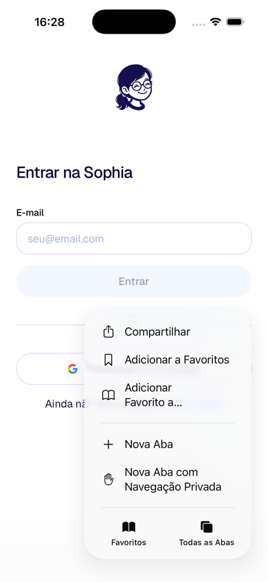 Menu do Safari aberto com as opções Compartilhar, Adicionar a Favoritos e Nova Aba