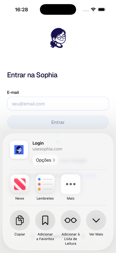 Janela de compartilhamento do Safari com a Sophia, mostrando os botões Copiar, Adicionar a Favoritos, Adicionar à Lista de Leitura e Ver Mais